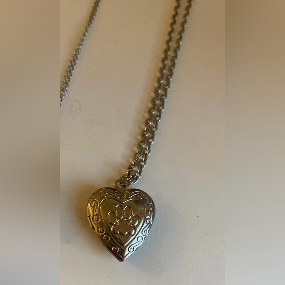 Silver Heart Paw Print Locket Necklace